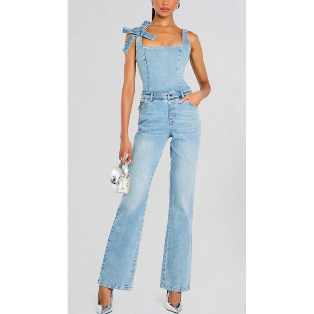 Retrofete Dawson Denim Jumpsuit Tangi Light Wash Bow Shoulder XS NWT Soldout